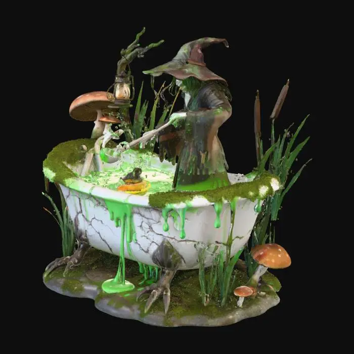 3D model for A swamp witch in a sentient clawfoot bathtub with iron legs. The tub is cracked porcelain with moss and algae. Inside, the witch stirs a glowing green potion with a bone ladle. The potion bubbles with floating bones, eyeballs, and a rubber duck wearing a witch hat. The tub overflows, and goo drips down the sides. The robe is patchy with spiderwebs. The base is a foggy swamp with mushrooms, cattails, and a flickering lantern. Use glossy ceramic for the tub, glowing liquid for the potion, and soft moss textures for the exterior