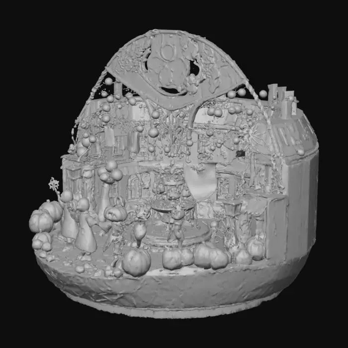 3D model for A cheerful town square lit by glowing jack-o’-lanterns, candy string lights, and floating ghosts holding balloons. Colorful Halloween characters dance around a fountain filled with neon green punch. The scene features candy cultists, jester pumpkins, and costumed creatures celebrating under fireworks shaped like bats and moons. Cobweb streamers hang between candy-cane lampposts. Everything glows with warm orange, pink, and purple lights. Bright, festive, magical Halloween fun., #Halloween2025#