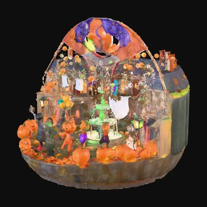 3D model for A cheerful town square lit by glowing jack-o’-lanterns, candy string lights, and floating ghosts holding balloons. Colorful Halloween characters dance around a fountain filled with neon green punch. The scene features candy cultists, jester pumpkins, and costumed creatures celebrating under fireworks shaped like bats and moons. Cobweb streamers hang between candy-cane lampposts. Everything glows with warm orange, pink, and purple lights. Bright, festive, magical Halloween fun., #Halloween2025#