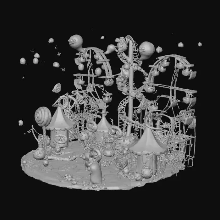 3D model for A bright candy-themed Halloween carnival with rainbow tents, caramel rides, and pumpkin mascots. A roller coaster made of licorice zooms by as gummy monsters hand out treats. The air sparkles with confetti and sugar dust. Characters ride giant candy corn wheels, and bubblegum ghosts float above. The sky is a soft twilight pink, filled with glowing stars and floating lanterns. Whimsical, colorful, and packed with sugary fun and Halloween spirit, #Halloween2025#