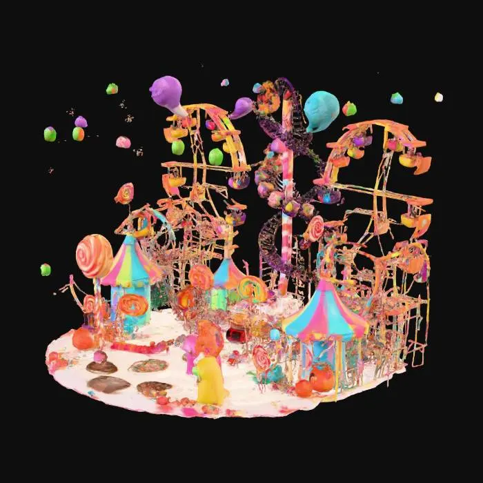 3D model for A bright candy-themed Halloween carnival with rainbow tents, caramel rides, and pumpkin mascots. A roller coaster made of licorice zooms by as gummy monsters hand out treats. The air sparkles with confetti and sugar dust. Characters ride giant candy corn wheels, and bubblegum ghosts float above. The sky is a soft twilight pink, filled with glowing stars and floating lanterns. Whimsical, colorful, and packed with sugary fun and Halloween spirit, #Halloween2025#