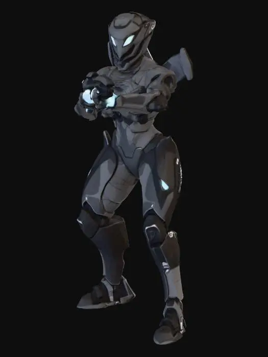 3D model for Female Future Warrior with Infiltration Suit. Curvaceous figure. Corinthian Helmet with reversed dorsal crest. Gilded Jetpack with Variable Geometry Jet Wings.