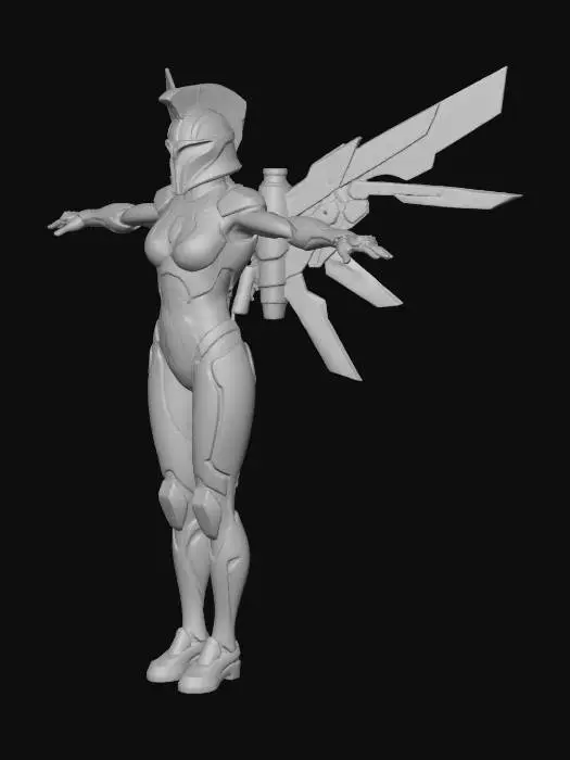3D model for Female Future Warrior with Infiltration Suit. Curvaceous figure. Corinthian Helmet with dorsal crest. Gilded Jetpack with Variable Geometry Jet Wings.