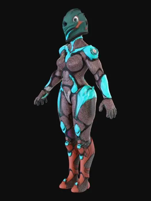 3D model for Female Future Warrior with Infiltration Suit and Cyber Mandalorian Helmet, Gilded Jetpack with Variable Geometry Jet Wings.