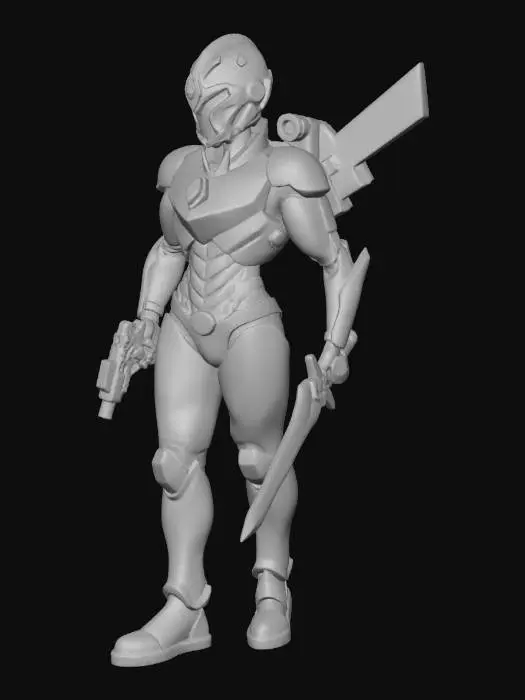 3D model for Curvaceous Female Future Warrior with Infiltration Suit and Cyber Mandalorian Helmet, Gilded Jetpack with Variable Geometry Jet Wings.