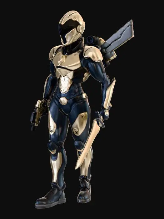 3D model for Curvaceous Female Future Warrior with Infiltration Suit and Cyber Mandalorian Helmet, Gilded Jetpack with Variable Geometry Jet Wings.