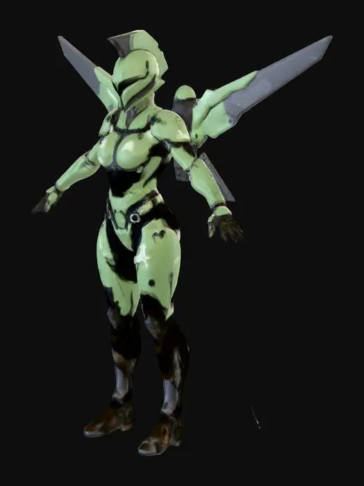 3D model for Female Future Warrior with Infiltration Suit. Curvaceous figure. Corinthian Helmet with dorsal crest. Gilded Jetpack with Variable Geometry Jet Wings.