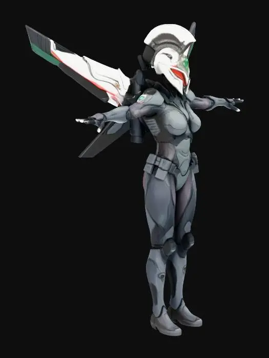 3D model for Female Future Warrior with Infiltration Suit. Curvaceous figure. Corinthian Helmet with dorsal crest. Gilded Jetpack with Variable Geometry Jet Wings.