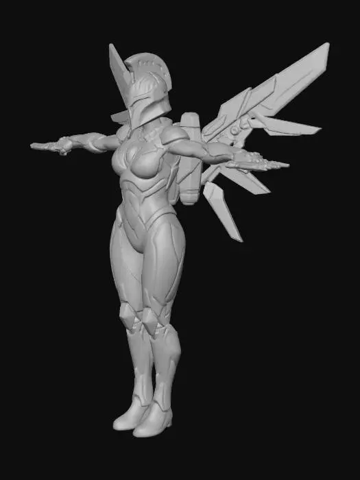 3D model for Female Future Warrior with Infiltration Suit. Curvaceous figure. Corinthian Helmet with dorsal crest. Gilded Jetpack with Variable Geometry Jet Wings.