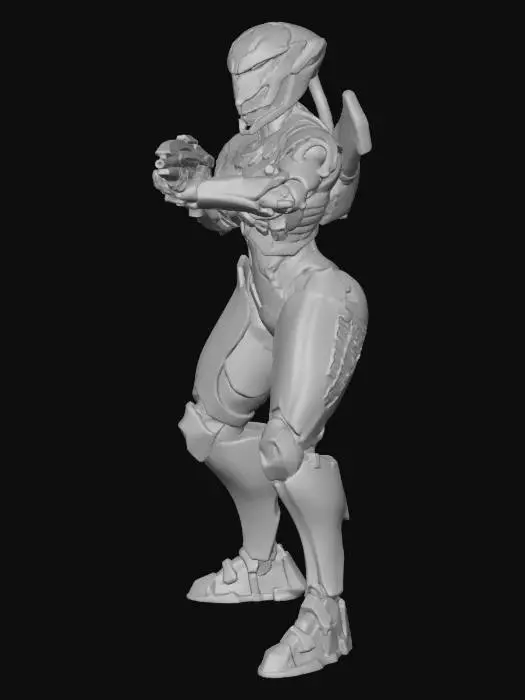 3D model for Female Future Warrior with Infiltration Suit. Curvaceous figure. Corinthian Helmet with reversed dorsal crest. Gilded Jetpack with Variable Geometry Jet Wings.