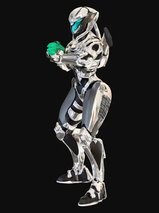 3D model for Female Future Warrior with Infiltration Suit. Curvaceous figure. Corinthian Helmet with reversed dorsal crest. Gilded Jetpack with Variable Geometry Jet Wings.