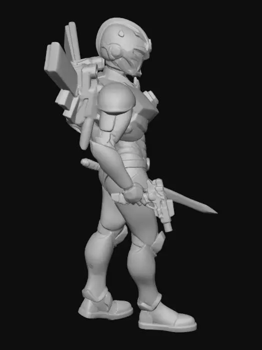3D model for Curvaceous Female Future Warrior with Infiltration Suit and Cyber Mandalorian Helmet, Gilded Jetpack with Variable Geometry Jet Wings.