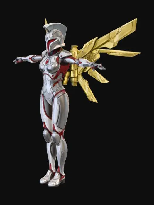 3D model for Female Future Warrior with Infiltration Suit. Curvaceous figure. Corinthian Helmet with dorsal crest. Gilded Jetpack with Variable Geometry Jet Wings.
