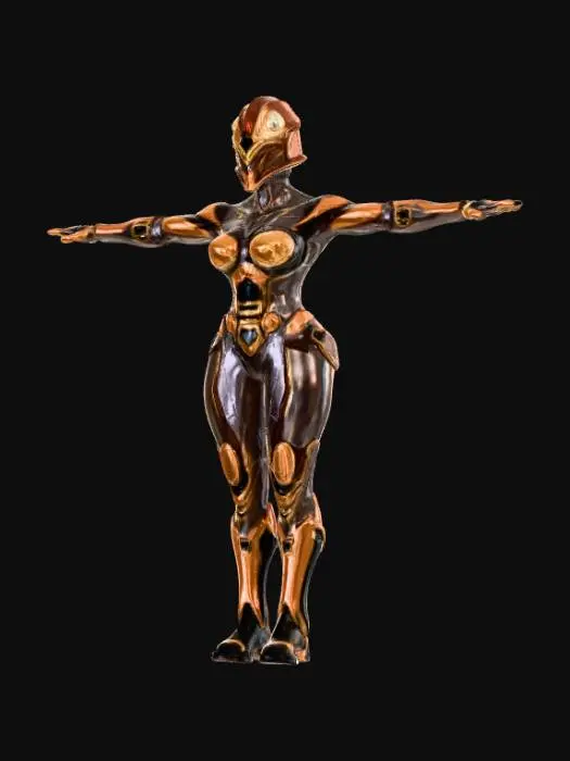 3D model for Female Future Warrior with Infiltration Suit and Cyber Mandalorian Helmet, Gilded Jetpack with Cybernetic Retractable Wings.
