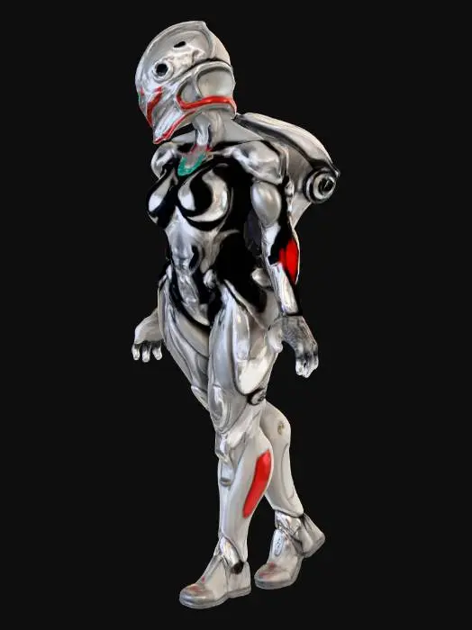 3D model for Female Future Warrior with Infiltration Suit and Cyber Mandalorian Helmet, Gilded Jetpack with Cybernetic Retractable Wings.