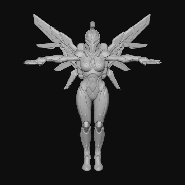 3D model for Female Future Warrior with Infiltration Suit. Curvaceous figure. Corinthian Helmet with dorsal crest. Gilded Jetpack with Variable Geometry Jet Wings.