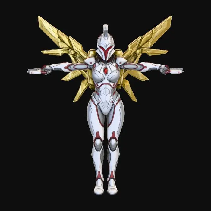 3D model for Female Future Warrior with Infiltration Suit. Curvaceous figure. Corinthian Helmet with dorsal crest. Gilded Jetpack with Variable Geometry Jet Wings.
