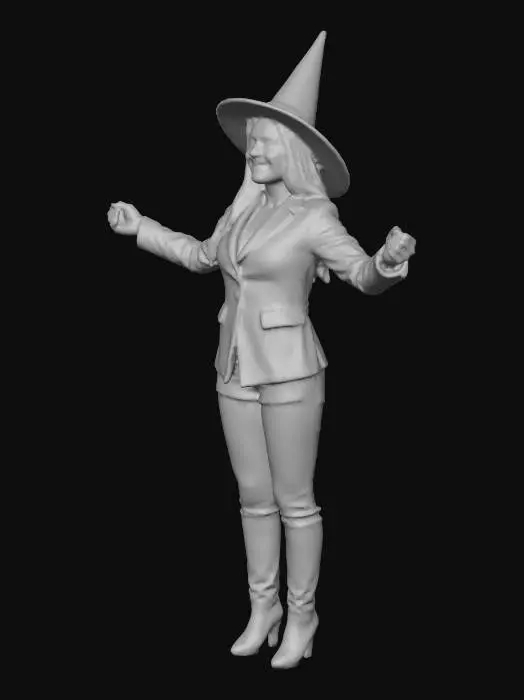 3D model for use girl in the reference  photo to make a witch in a t pose hands balled into fists. keep her facial features and  put her into a witch hat naval jacket  with cleavage and matching breeches.