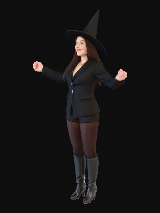 3D model for use girl in the reference  photo to make a witch in a t pose hands balled into fists. keep her facial features and  put her into a witch hat naval jacket  with cleavage and matching breeches.