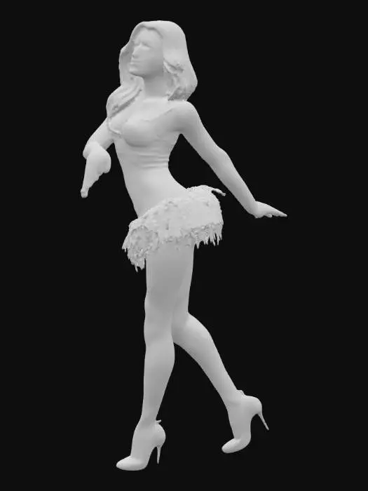 3D model for A 3D model inspired by Taylor Swift's latest album "The Life of Show Girl". The character should resemble a glamorous pop star on stage, wearing a sparkling showgirl outfit with sequins and fringe, high heels, and bold stage makeup. Pose her in a dynamic singing or dancing action, with vibrant stage lights and colorful spotlights in the background. Style should be semi-realistic with detailed textures, reflecting a lively concert atmosphere.
