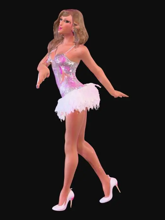 3D model for A 3D model inspired by Taylor Swift's latest album "The Life of Show Girl". The character should resemble a glamorous pop star on stage, wearing a sparkling showgirl outfit with sequins and fringe, high heels, and bold stage makeup. Pose her in a dynamic singing or dancing action, with vibrant stage lights and colorful spotlights in the background. Style should be semi-realistic with detailed textures, reflecting a lively concert atmosphere.
