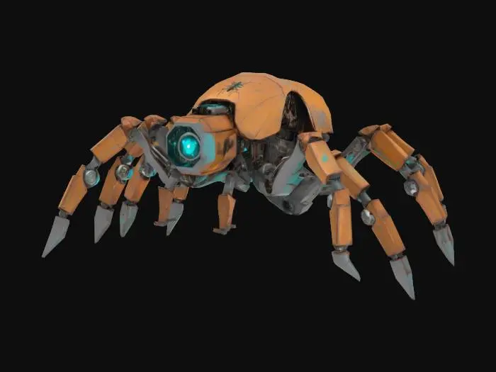 3D model for {
  "Object": "Spider-like robot with mechanical limbs",
  "Material": "Metal with rusted steel joints and matte aluminum panels",
  "Shape/Form": "Arachnid-inspired body with six to eight articulated legs, compact central core with sensor array",
  "Color Scheme": "Dusty brown base with silver accents and glowing turquoise highlights",
  "Texture Details": "Flat surfaces with minor edge chipping, low-detail panel lines, slightly rusted joints",
  "Style": "Low-poly",
  "Environment/Use Context": "Roaming a desert outpost in a western sci-fi frontier",
  "Reference Models": "Inspired by Wild West sci-fi aesthetics like 'Cowboys & Aliens' and low-poly Star Wars droids"
}

