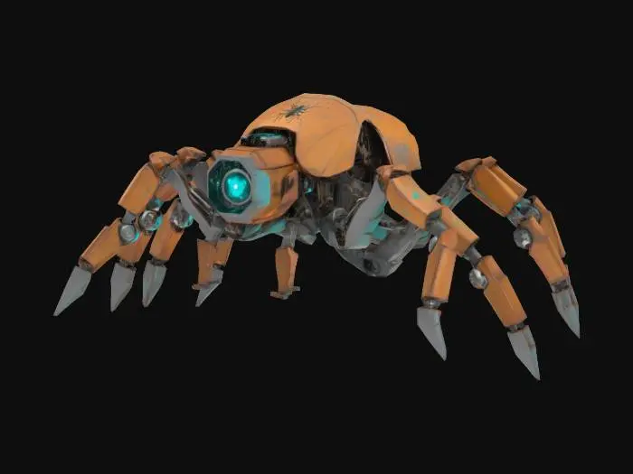 3D model for {
  "Object": "Spider-like robot with mechanical limbs",
  "Material": "Metal with rusted steel joints and matte aluminum panels",
  "Shape/Form": "Arachnid-inspired body with six to eight articulated legs, compact central core with sensor array",
  "Color Scheme": "Dusty brown base with silver accents and glowing turquoise highlights",
  "Texture Details": "Flat surfaces with minor edge chipping, low-detail panel lines, slightly rusted joints",
  "Style": "Low-poly",
  "Environment/Use Context": "Roaming a desert outpost in a western sci-fi frontier",
  "Reference Models": "Inspired by Wild West sci-fi aesthetics like 'Cowboys & Aliens' and low-poly Star Wars droids"
}
