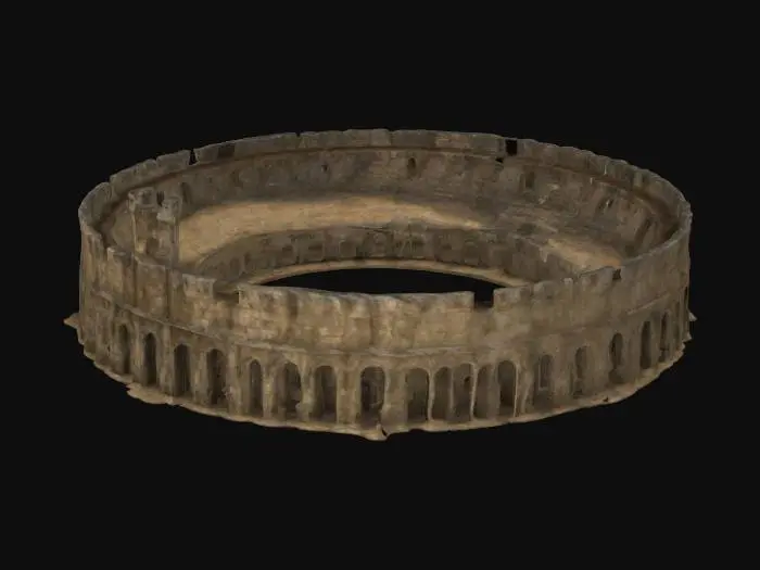 3D model for Coliseo medieval de forma elíptica, construido con piedra rugosa y madera envejecida, que se eleva hasta unos tres pisos de altura. La estructura presenta muros exteriores fortificados con almenas y varias torres en las esquinas que añaden un carácter defensivo. Las entradas principales, situadas en los puntos cardinales, son arcos de medio punto de piedra sólida, lo suficientemente amplios para permitir la entrada de multitudes.