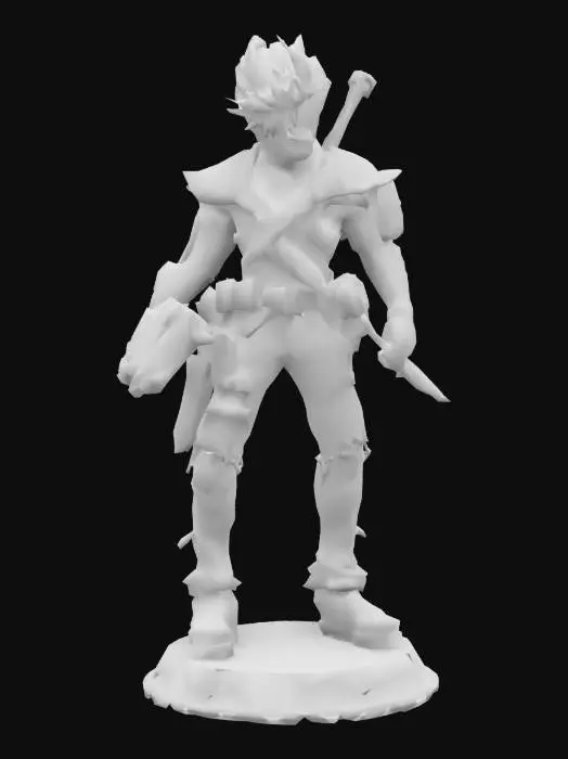 3D model for > “Create a highly detailed 3D printable model of a stylized manga zombie warrior tall. The character has a split face with one side  and the other side exposed zombie bone, glowing green eyes, spiky dual-tone hair, and a tattered cyber armor with cables and tech implants. He holds a katana in one hand and a biomechanical blaster in the other. , standing on a circular base with engraved text ‘ART-3D-GAMING’. The model should be watertight, printable in STL format, with strong base support.”