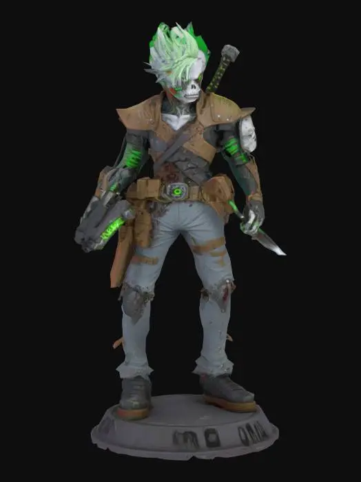 3D model for > “Create a highly detailed 3D printable model of a stylized manga zombie warrior tall. The character has a split face with one side  and the other side exposed zombie bone, glowing green eyes, spiky dual-tone hair, and a tattered cyber armor with cables and tech implants. He holds a katana in one hand and a biomechanical blaster in the other. , standing on a circular base with engraved text ‘ART-3D-GAMING’. The model should be watertight, printable in STL format, with strong base support.”