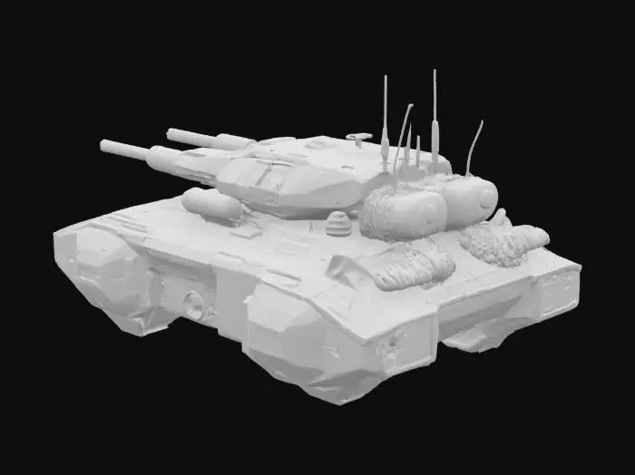 3D model for A futuristic cyberpunk tank with an angular elongated body and an angular turret. It floats in the air with the help of rectangular jet engines on the bottom and sides.  A weapon similar to a medium-length railgun with high-tech parts is installed in the tower. The tank is equipped with antennas, protruding cooling fins, ventilation holes and glowing contours on the surface. The style combines elegant industrial design and harsh cyberpunk technology.
