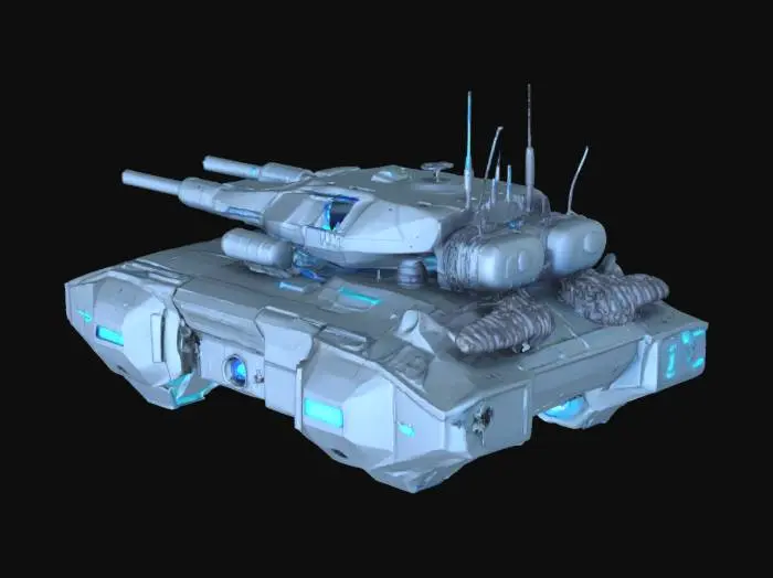 3D model for A futuristic cyberpunk tank with an angular elongated body and an angular turret. It floats in the air with the help of rectangular jet engines on the bottom and sides.  A weapon similar to a medium-length railgun with high-tech parts is installed in the tower. The tank is equipped with antennas, protruding cooling fins, ventilation holes and glowing contours on the surface. The style combines elegant industrial design and harsh cyberpunk technology.