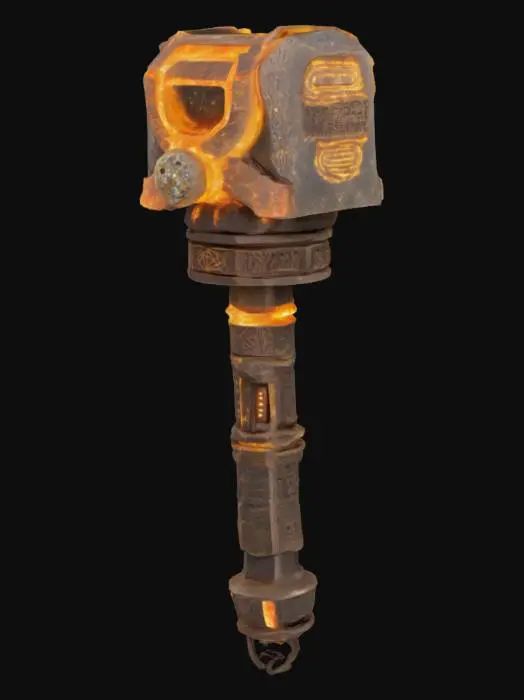 3D model for "Massive hammer forged from celestial meteorite, head glowing with ancient starlight, runes of the cosmos carved along shaft, emits pulses of radiant gravitational force"