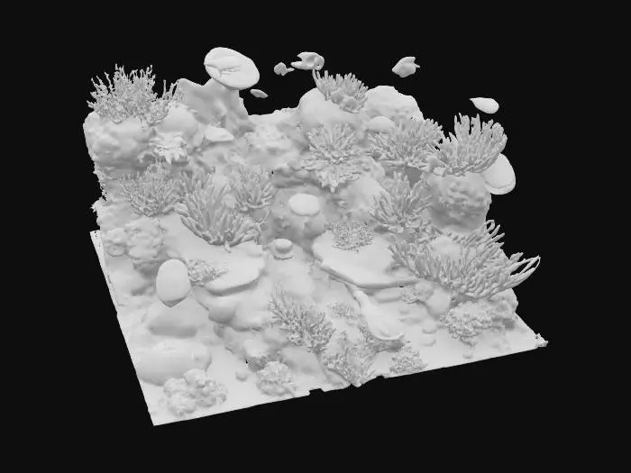 3D model for #ocean#,  A vibrant, glowing coral forest on the ocean floor during the night. The corals emit neon colors—purple, green, blue, orange. Jellyfish float above, lighting the scene with bio-luminescence. Colorful tropical fish dart through coral arches and tunnels. A turtle glides peacefully in the background. The seabed sparkles with light reflections. Magical and dreamlike atmosphere.