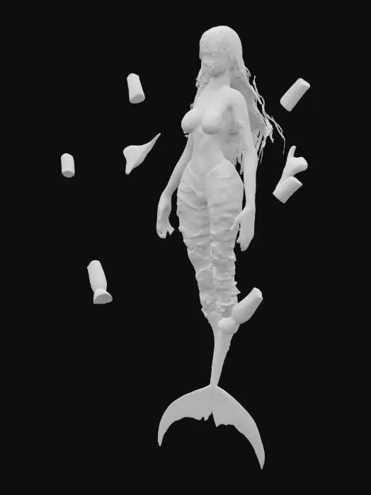 3D model for #ocean#, #ocean# A sad, wounded mermaid tangled in plastic waste and fishing nets. Her tail is scratched, and her eyes show pain. Surrounding her are floating plastic bottles, cans, and a sunken tire. Her long hair floats softly in the water. Coral and marine life avoid the polluted area. The water is slightly murky. The scene is emotional and symbolic, highlighting ocean pollution.
