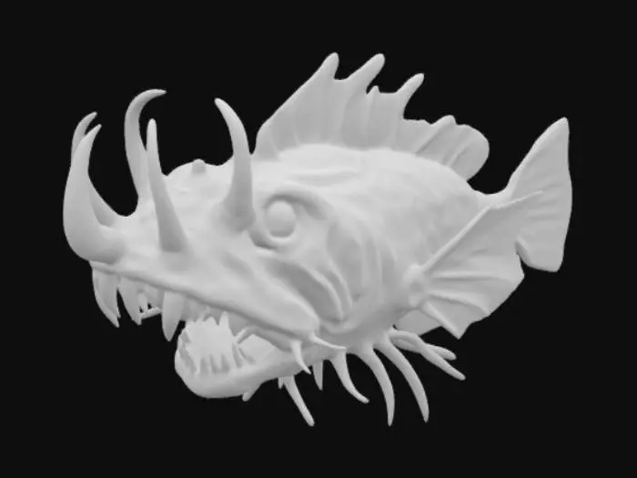 3D model for a monsterous giant mutant anglerfish.  grotesque, high saturation colors, high contrast, Kaiju #ocean#