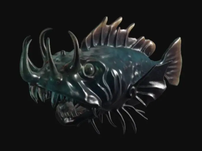 3D model for a monsterous giant mutant anglerfish.  grotesque, high saturation colors, high contrast, Kaiju #ocean#