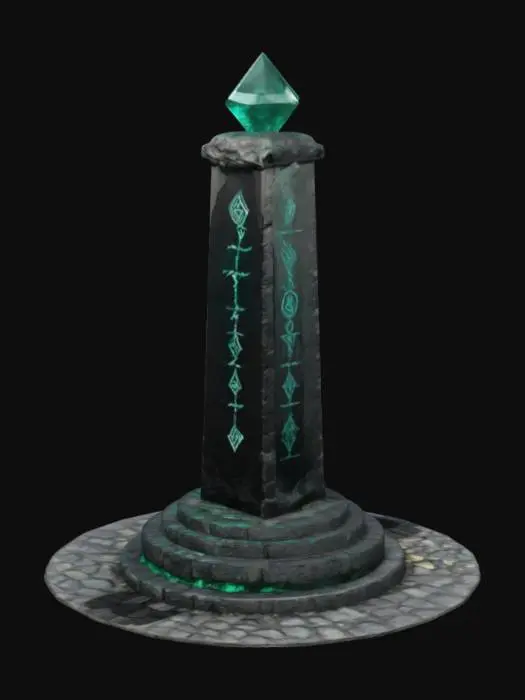 3D model for fantasy. a large pillar made of obsidian with very fancy rune writing on the side. a large emerald on top of the pillar. a circle platform around the base of alter made with cobble stone. 