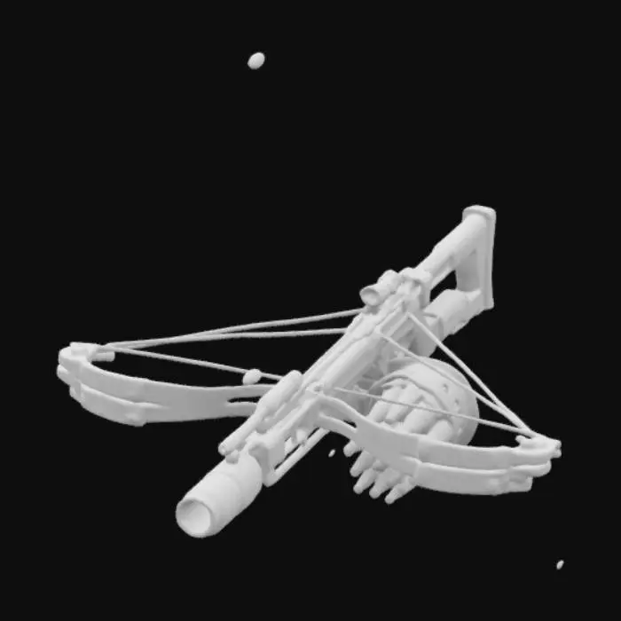 3D model for large mechanical crossbow with round drum filled with rockets. shoots small rockets and has a red and white colour scheme. red dot laser and leather wrapped around the stock. 