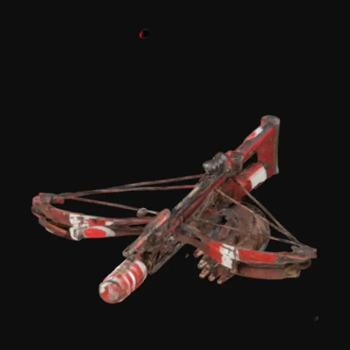 3D model for large mechanical crossbow with round drum filled with rockets. shoots small rockets and has a red and white colour scheme. red dot laser and leather wrapped around the stock. 