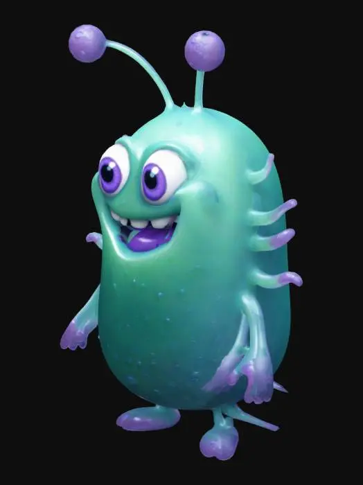 3D model for A stylized 3D cartoon bacteria in Pixar’s style. It has a round, squishy body with a glossy, semi-transparent texture. The bacteria is bright green with subtle blue and purple shades for depth. It has big, expressive eyes and a mischievous smile. Tiny wiggly flagella or stubby tentacle-like arms extend from its sides. The surface is slightly bumpy with soft, glowing spots. The lighting is soft and playful, giving it a cute yet slightly mischievous look.