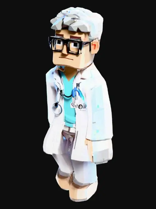 3D model for Low poly voxel-style funky graffiti doctor character, blocky pixel-inspired proportions, white lab coat, glasses, stethoscope around neck, clean humanoid topology, neutral A-pose, game-ready mesh, symmetrical body, animation friendly, single character, no environment.