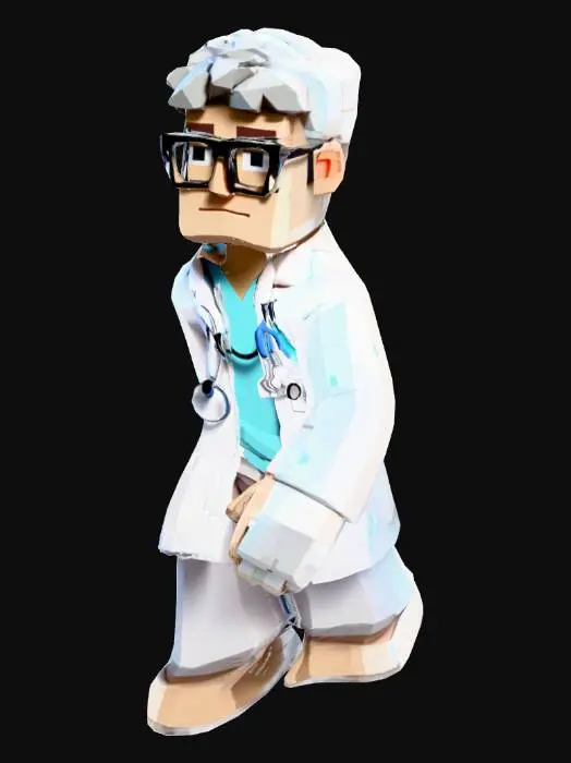 3D model for Low poly voxel-style funky graffiti doctor character, blocky pixel-inspired proportions, white lab coat, glasses, stethoscope around neck, clean humanoid topology, neutral A-pose, game-ready mesh, symmetrical body, animation friendly, single character, no environment.