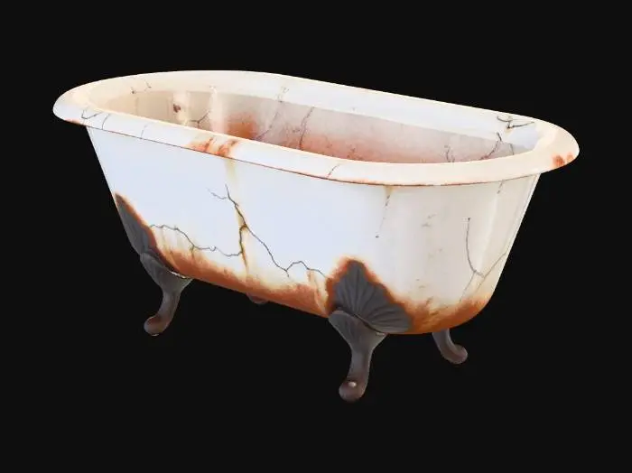 3D model for An old antique clawfoot bathtub, vintage style, worn white enamel, rust stains, cracked surface, aged metal feet, realistic textures, highly detailed, realistic lighting