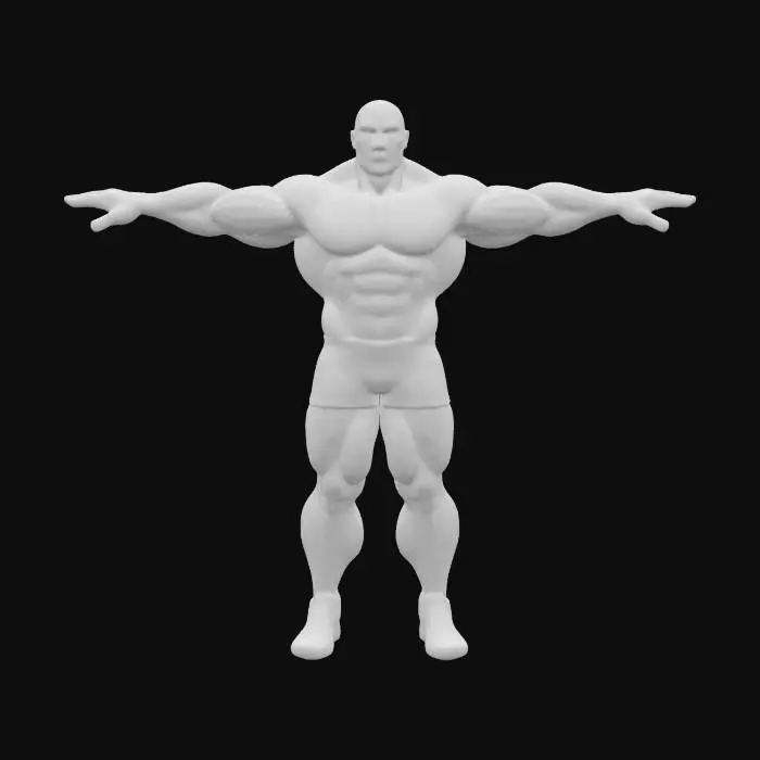 3D model for Bodybuilder athletic physique, Carve. No shirt, black shorts and red sneakers. 180cm. T-pose, bald head, tanned body. Clearly outlined facial features, nose, ears, mouth, realistic eyes, wide and strongly defined chest, with clearly defined pectoral muscles. Triceps and biceps are massive, with clear muscle division. Shoulders are spherical and broad. Torearms are strongly muscled. Thighs are massive and proportional, calves are clearly defined. belly six-pack. Very detailed, ultra-realistic.