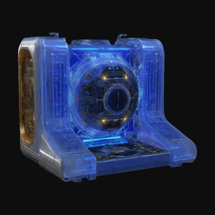 3D model for Detailed 3D model of an advanced quantum computer with a futuristic aesthetic. Model should feature a central cylindrical chamber with a transparent cover, housing an array of superconducting qubits arranged symmetrically. Structure should have polished metallic components, intricate wiring, and glowing circuits. Include control panels with screens displaying waveforms, buttons, and dials. environment should resemble a high-tech laboratory with reflective surfaces and precision-engineered.