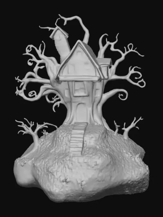 3D model for spooky haunted house shaped like a tree on a hill, glowing windows, cartoon, game ready, ultra realistic, 8k, #Halloween2025#