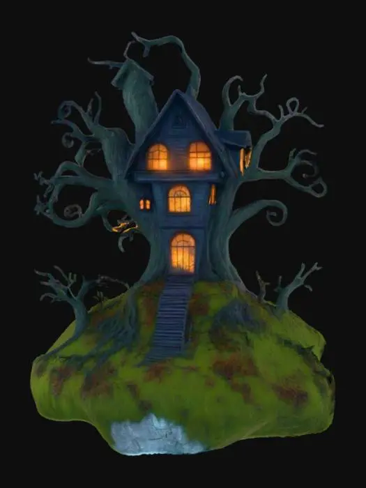 3D model for spooky haunted house shaped like a tree on a hill, glowing windows, cartoon, game ready, ultra realistic, 8k, #Halloween2025#
