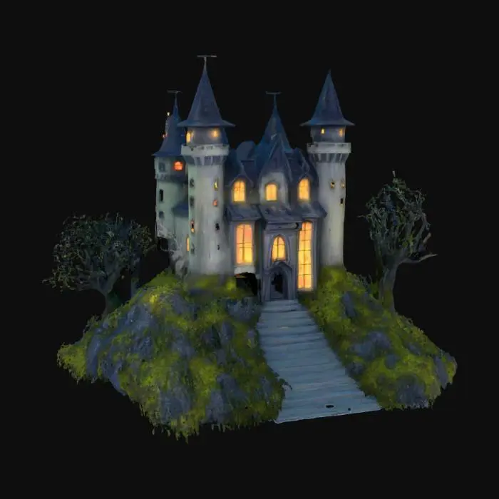 3D model for spooky haunted castle on a hill, glowing windows, cartoon, game ready, ultra realistic, #Halloween2025#