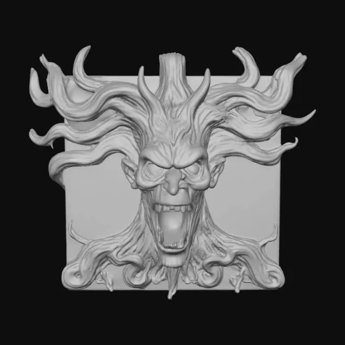 3D model for #Halloween2025#, spooky scary tree face engraved on a flat wall plaque, Halloween, baroque, ultra realistic, 8k